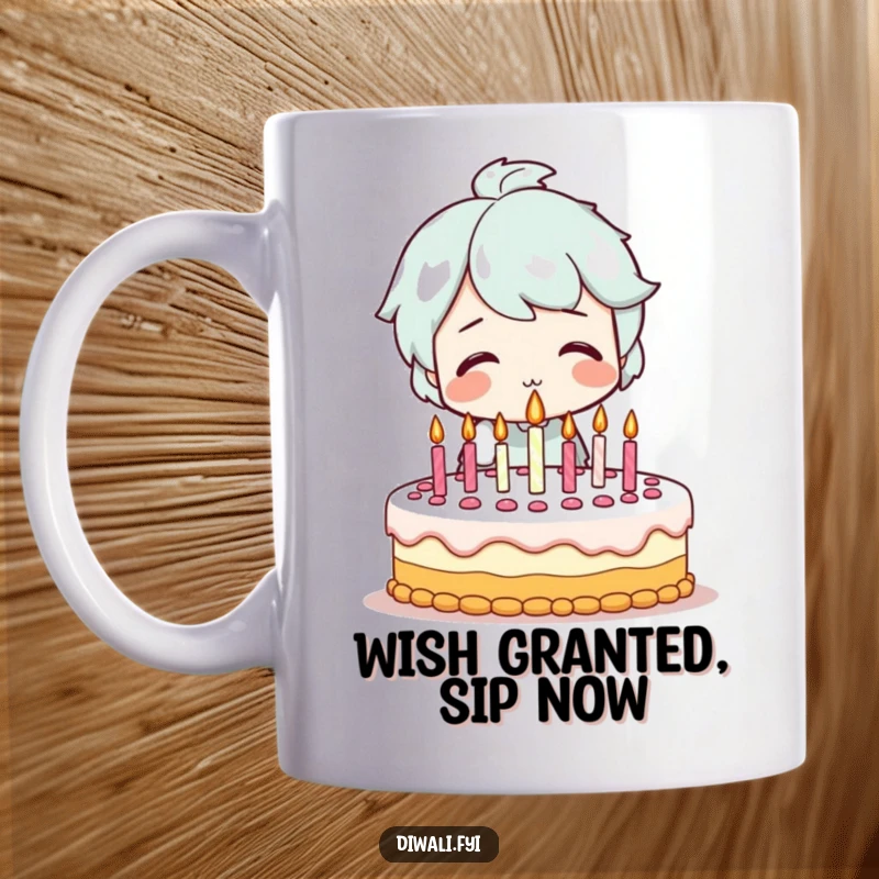Funny mug with a smiling character happily blowing out candles on a festive birthday cake, embodying the joy of making a wish.