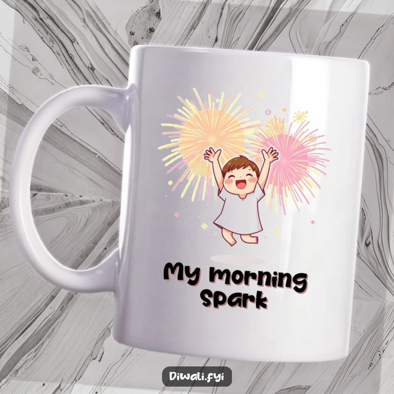 Funny mug depicting a character dancing joyfully with arms raised towards a sky filled with colorful fireworks, celebrating good times.