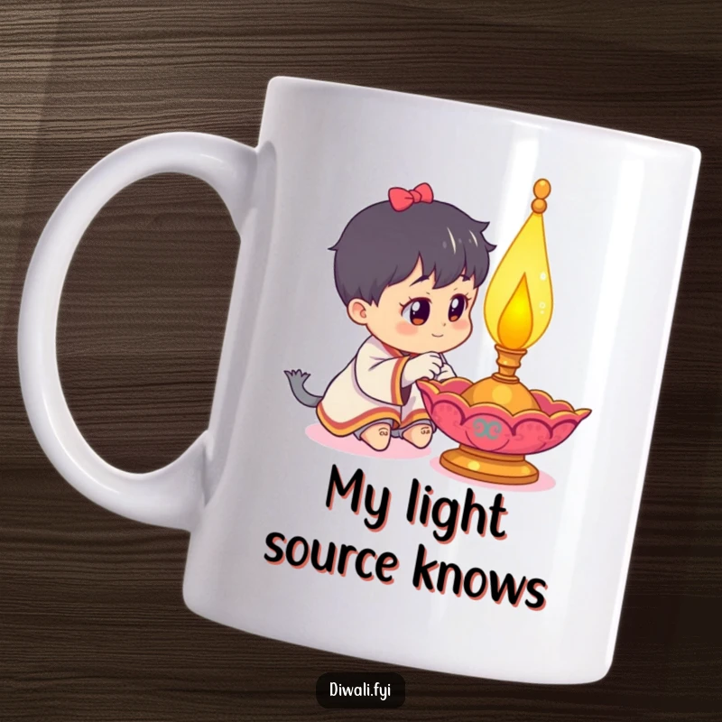 Funny mug showing a curious character with wide eyes, intently examining a beautifully decorated, glowing diya lamp for Diwali celebrations.
