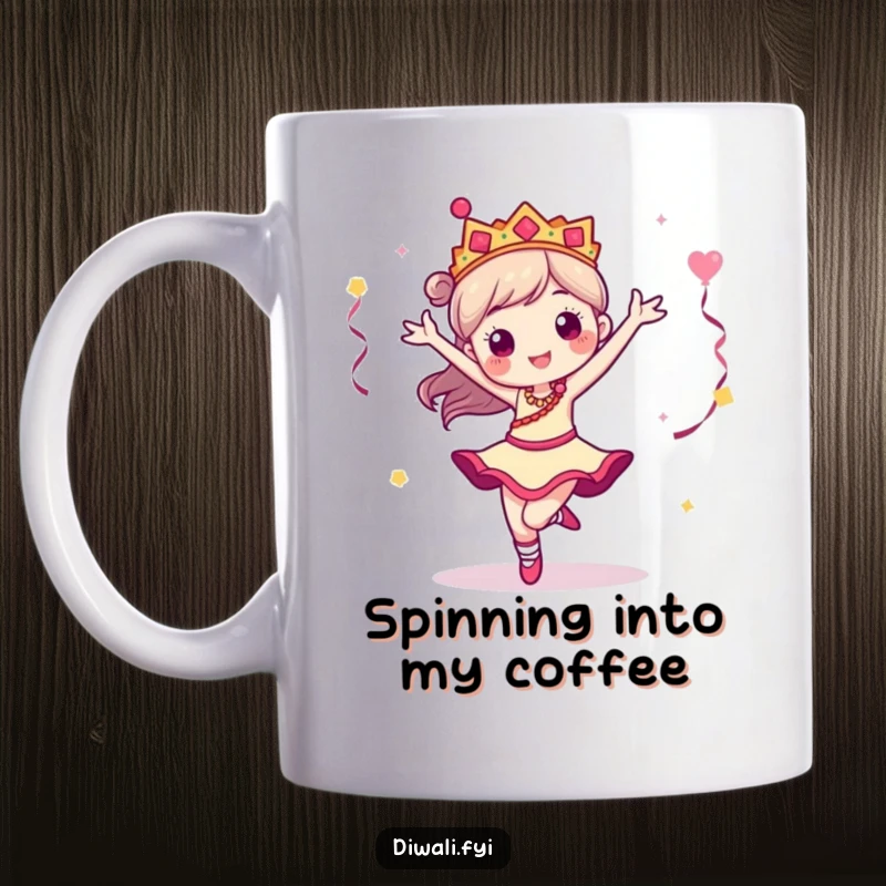 Funny mug featuring a lively dancer character performing a graceful pirouette with joyful abandon, celebrating movement and fun.