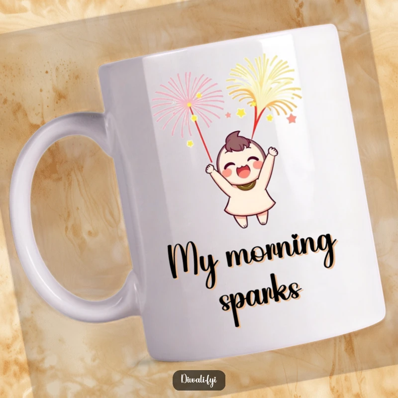 Funny mug showing a delighted character joyfully launching small, vibrant, colorful fireworks into a dark sky.