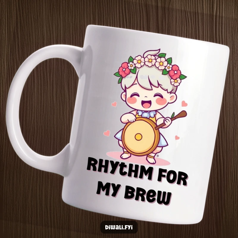 Funny Mug: A delighted character wearing a beautiful flower garland, enthusiastically playing a drum with joy.