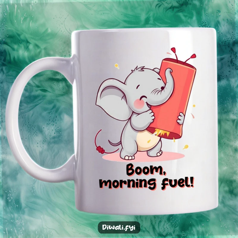 Funny mug with a tiny elephant gleefully wrestling a huge, glowing firecracker, expressing chaotic joy and silliness.