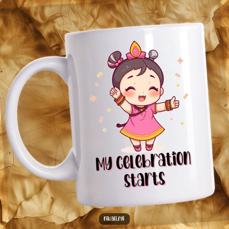 Funny mug featuring a small character wearing festive bangles, striking a confident and celebratory pose, ready for fun.