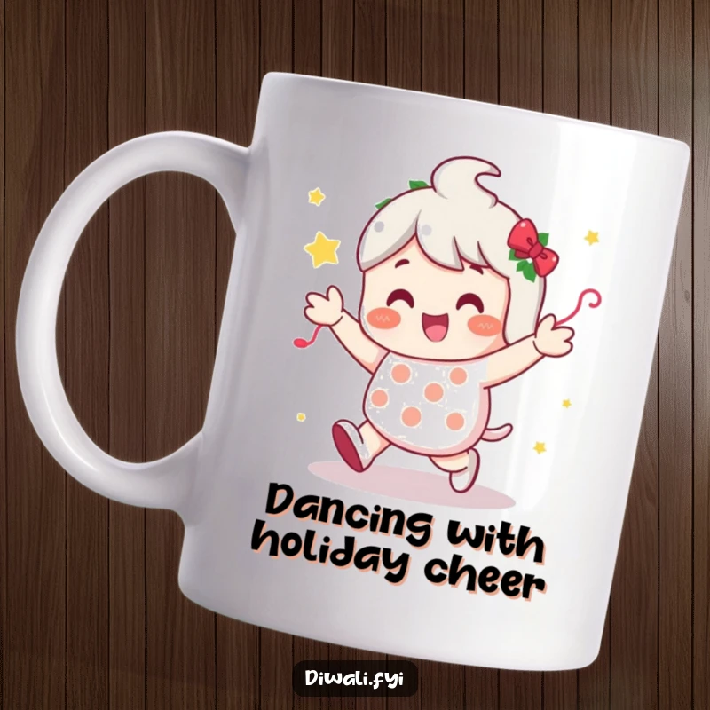 Funny mug with a character doing a joyful shuffle dance, surrounded by colorful festive decorations, radiating pure celebration.