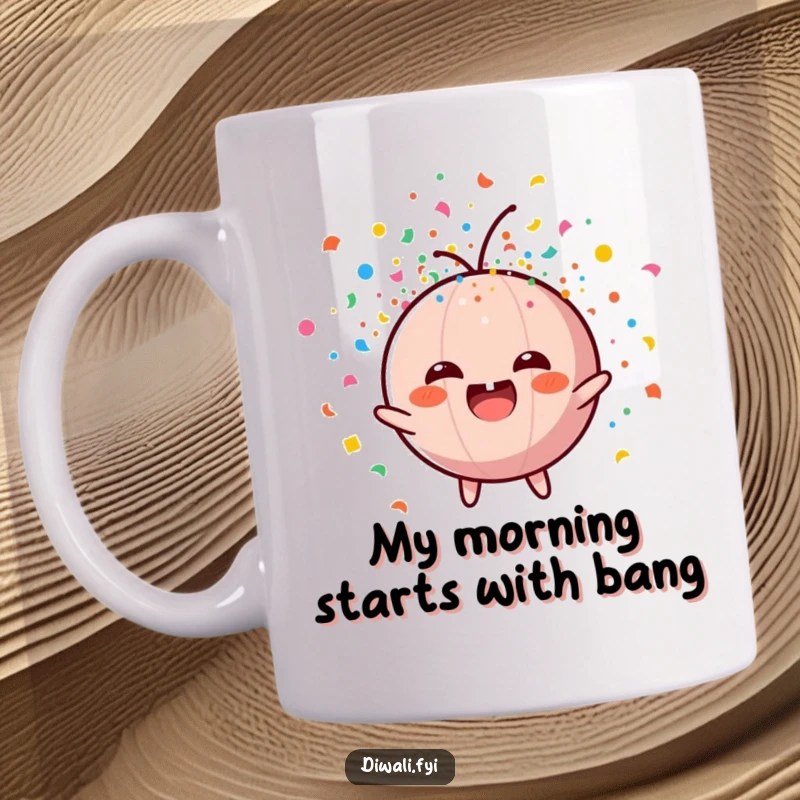 Funny mug with a round, happy firecracker character exploding with vibrant confetti, spreading joy and celebration.