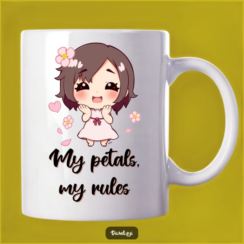 Funny Flower Petal Toss Mug: Adorable Character Smiling, Perfect Humorous Gift