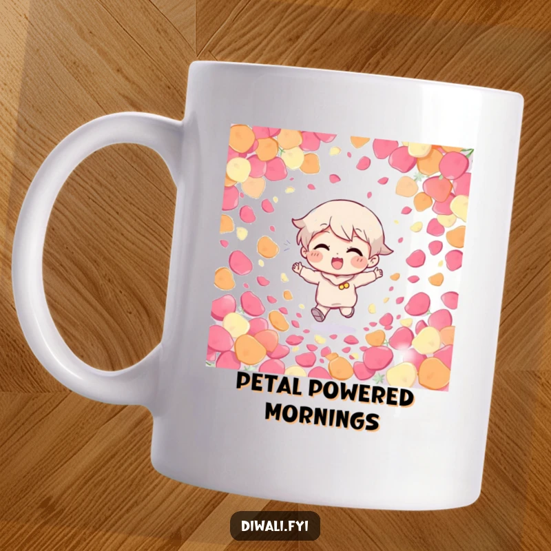 Funny Giggling Character Mug: A happy character giggles gleefully while running through a vibrant cascade of colorful flower petals.