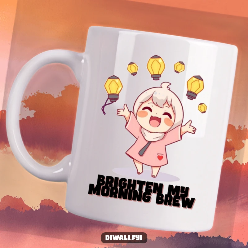 Funny Juggling Lamps Mug: A joyous character skillfully juggles glowing lamps with a delightful expression of pure happiness.