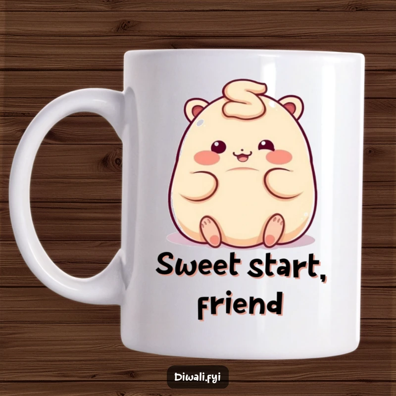 Funny mug with a giggling, plump ladoo character rolling playfully, embodying sweet, joyful energy.