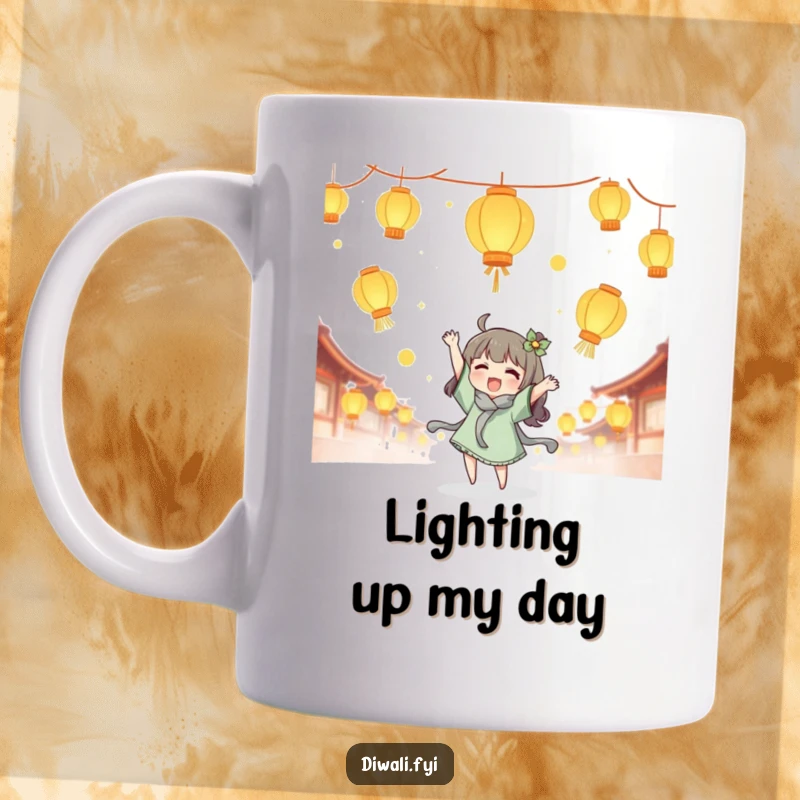 Funny lantern tossing mug, cute character joyfully tossing glowing lanterns, magical festival gift, happy lighthearted artwork.