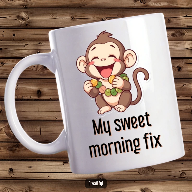 Funny mug of a laughing monkey wearing a garland, playfully attempting to eat a tiny sweet, embodying mischievous joy and dessert delight.