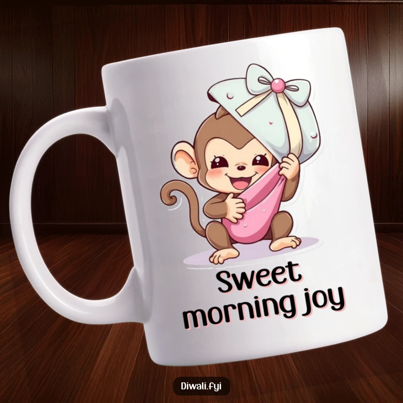 Funny mug showing a playful monkey gleefully unwrapping a very large, shiny candy with excited anticipation.