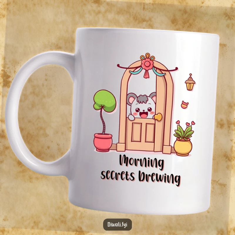 Funny Mug: A curious character peeks excitedly around a decorated doorway, hinting at fun surprises.