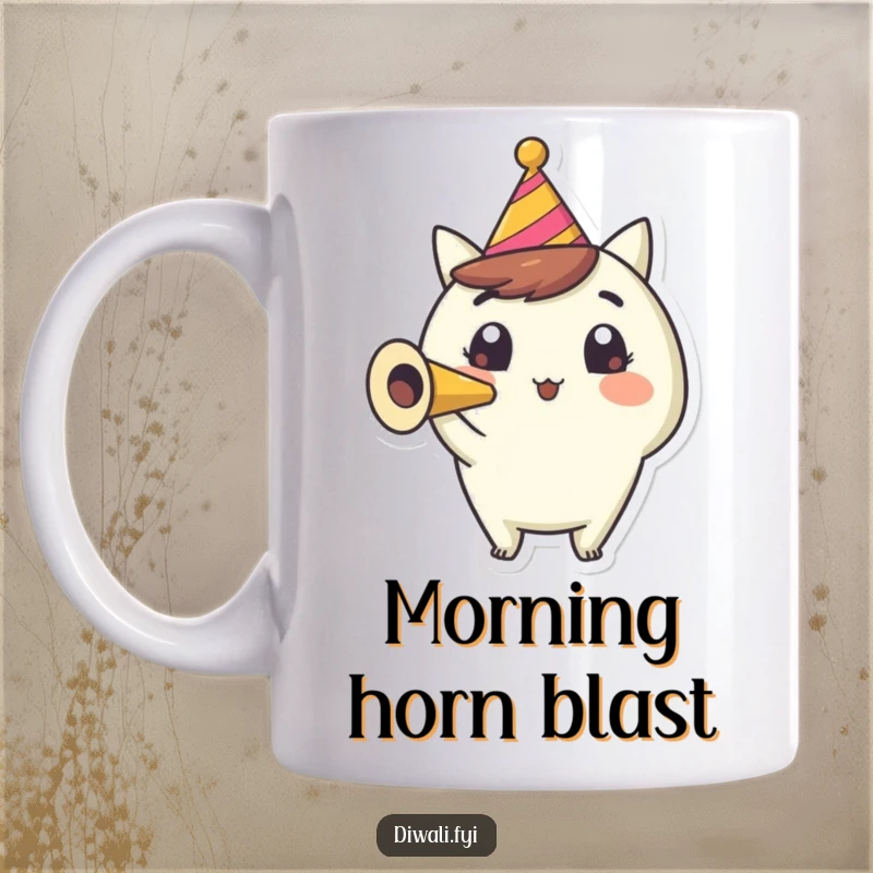 Funny Party Horn Mug: A happy character joyfully blows a party horn with wide, amazed eyes, full of excitement.