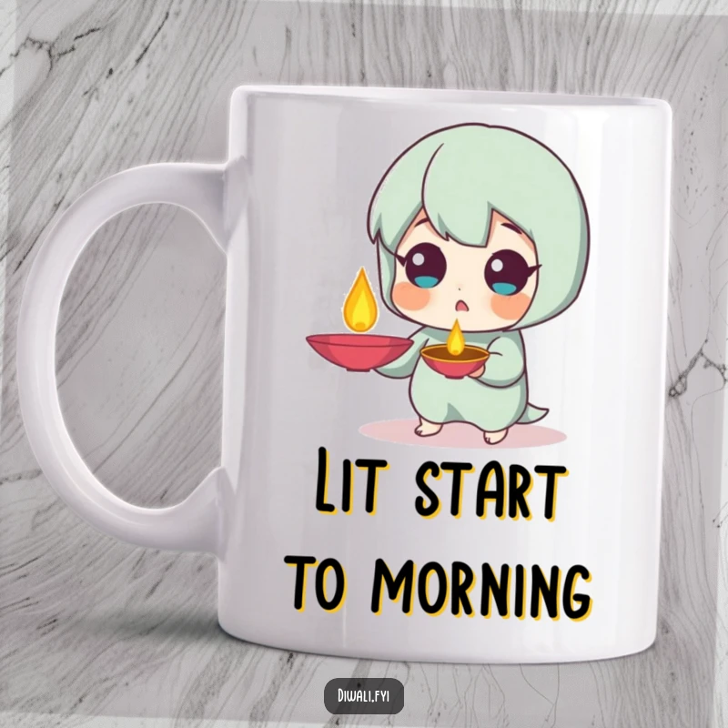 Funny Surprised Diya Mug: Character with a surprised expression holding a diya lamp, radiating soft light and wonder. Great funny gift.