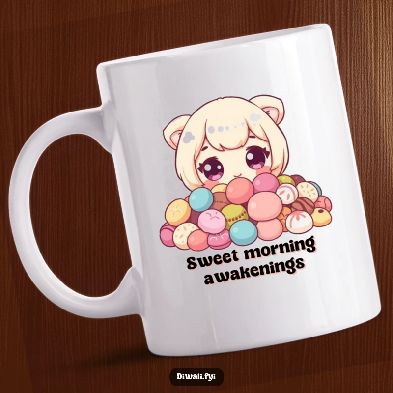 Funny Sweet Peeker Mug: Cute character with wide eyes peeking from behind a pile of delicious sweets. Great funny gift.
