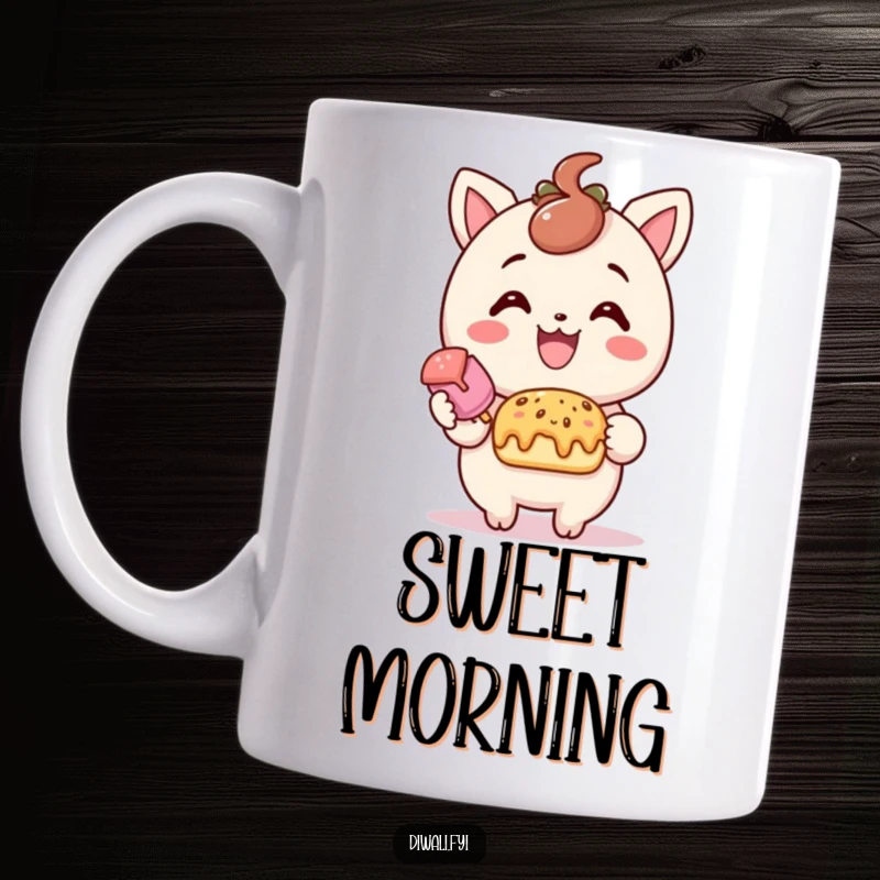 Funny treat offering mug, delighted character offering sweet treat with smile, cheerful gift, happy food lover artwork.