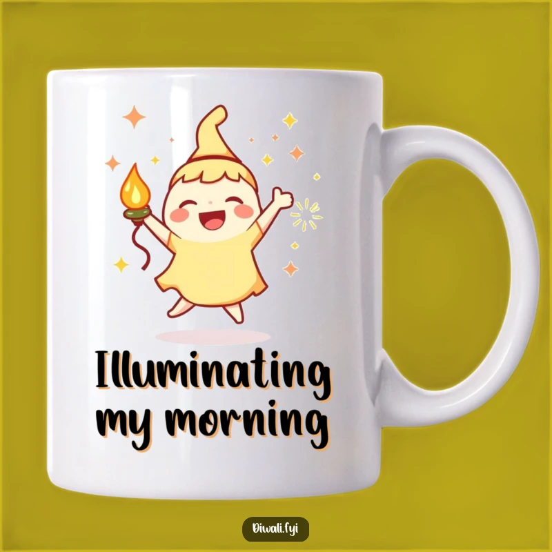 Funny Happy Dance Mug: Joyous Character With Lamp, Sparks, Hilarious Gift
