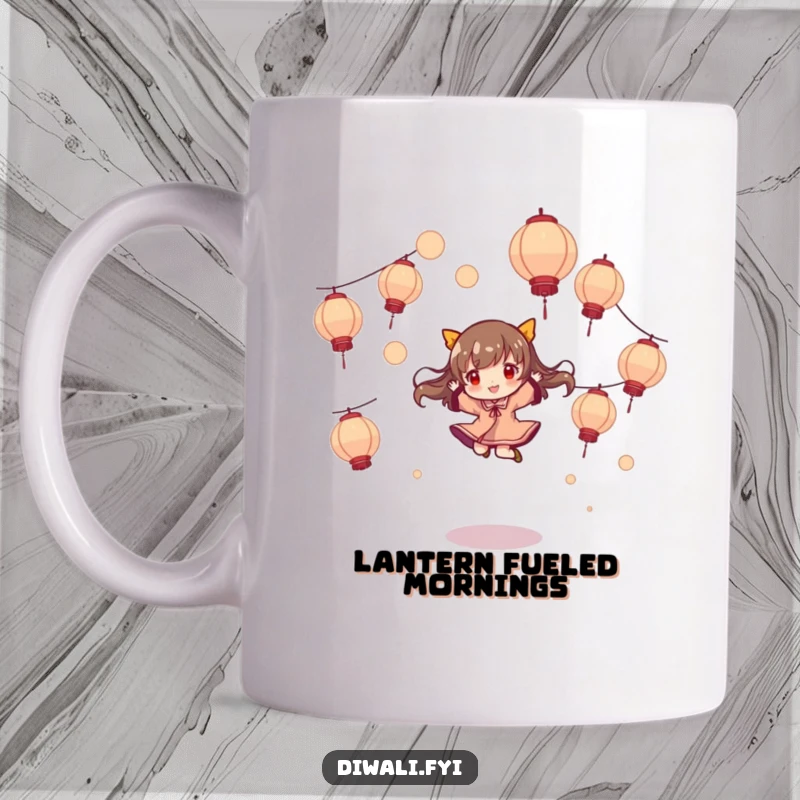 Funny mug, character playfully jumping and twirling, amidst floating lanterns, magical and joyful.