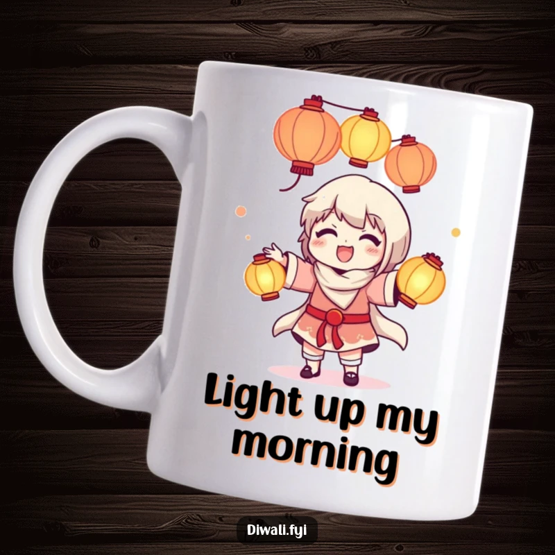 Funny mug showing a delighted cartoon character expertly juggling several brightly glowing lanterns, radiating happiness and wonder.