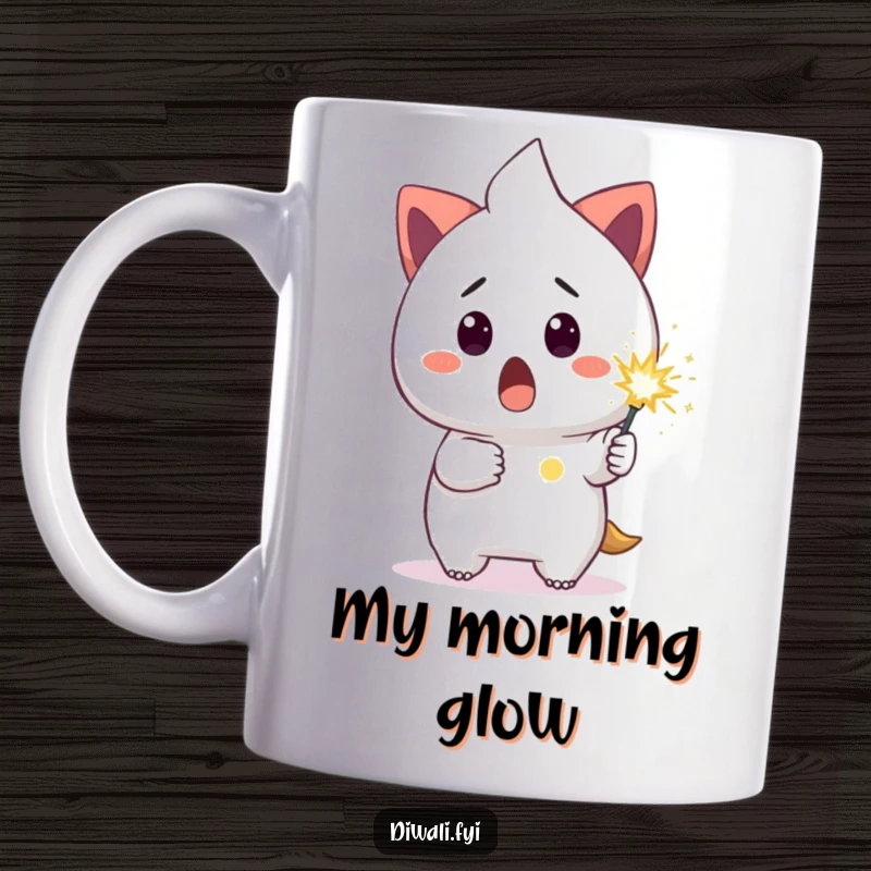 Funny mug featuring a surprised character holding a small, glowing sparkler, ready to ignite some laughter.