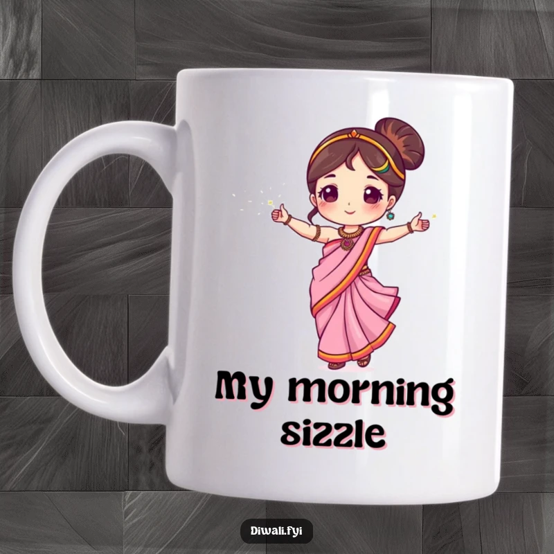 Funny mug with a cute character in a bright sari, gracefully dancing and holding sparklers with joy.