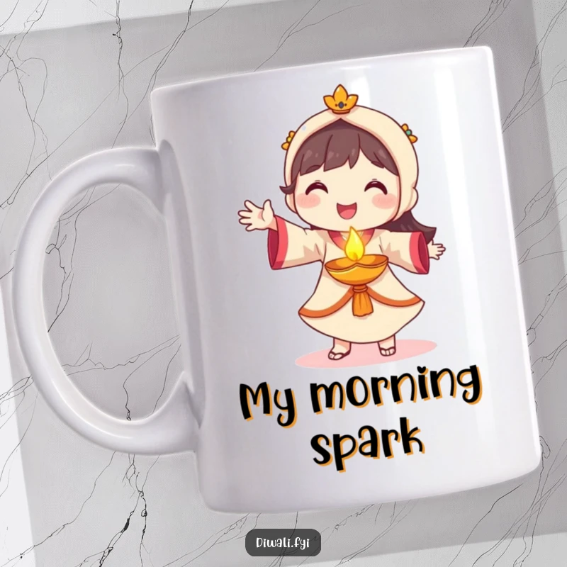 Funny diya dancer mug, smiling character dancing with glowing diya, festive celebration gift, joyful spiritual artwork.