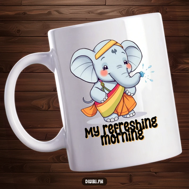 Funny mug of a happy elephant adorned in a colorful sari, playfully squirting water, embodying pure, joyful exuberance and fun.