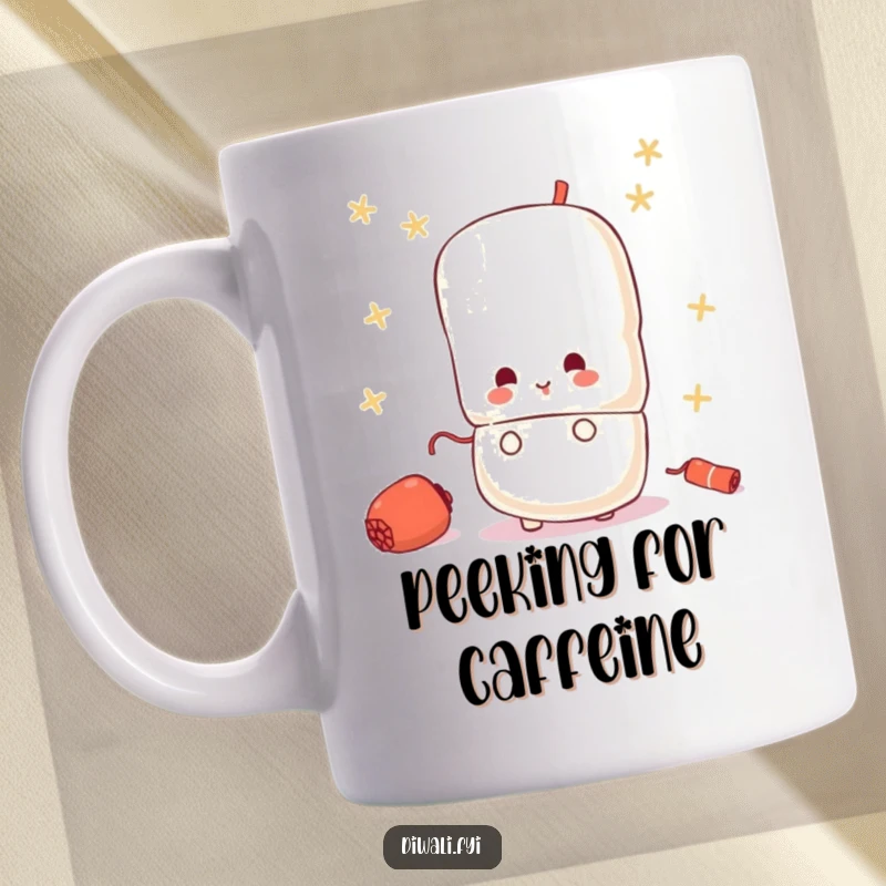 Funny mug with a small, curious firecracker character peeking out from behind a larger, hidden firecracker.