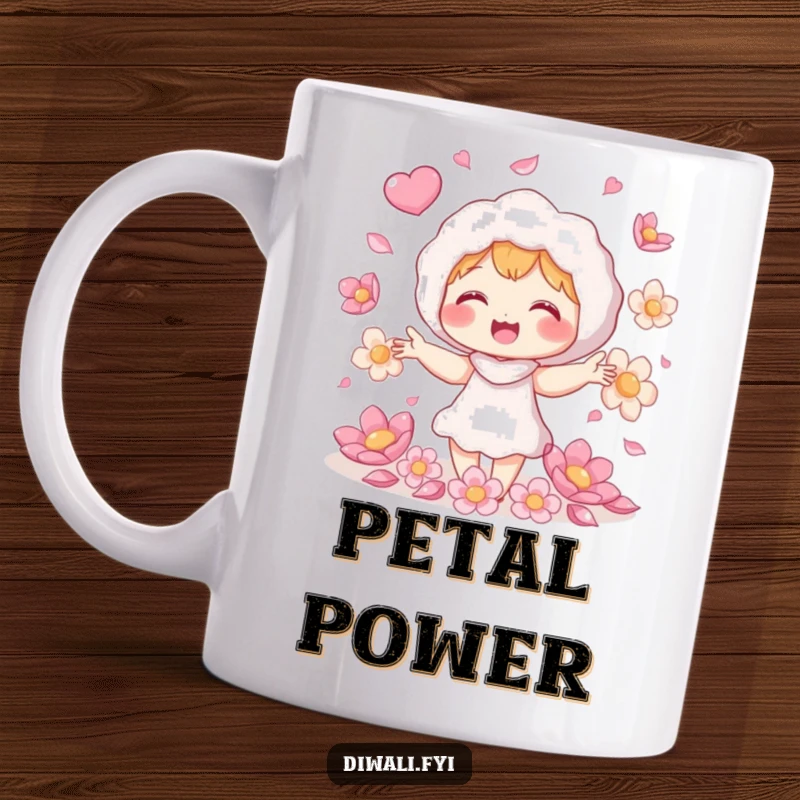 Funny petal juggling mug, giggling character juggling shimmering flower petals, cheerful nature gift, whimsical garden artwork.