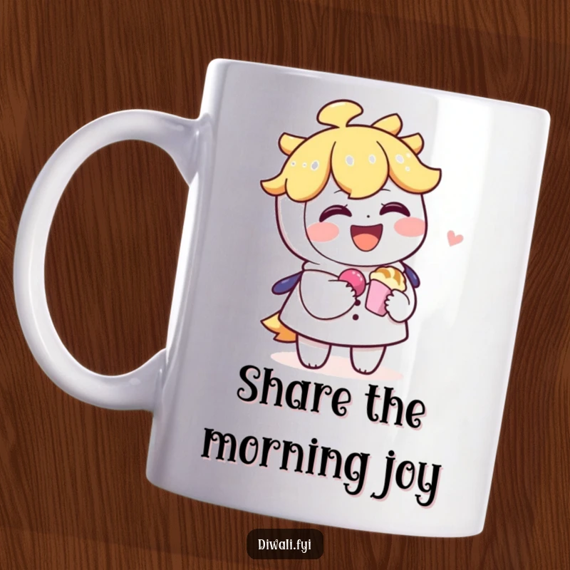 Funny mug showing a laughing character generously offering a delicious sweet treat to another character, symbolizing friendship and joy.
