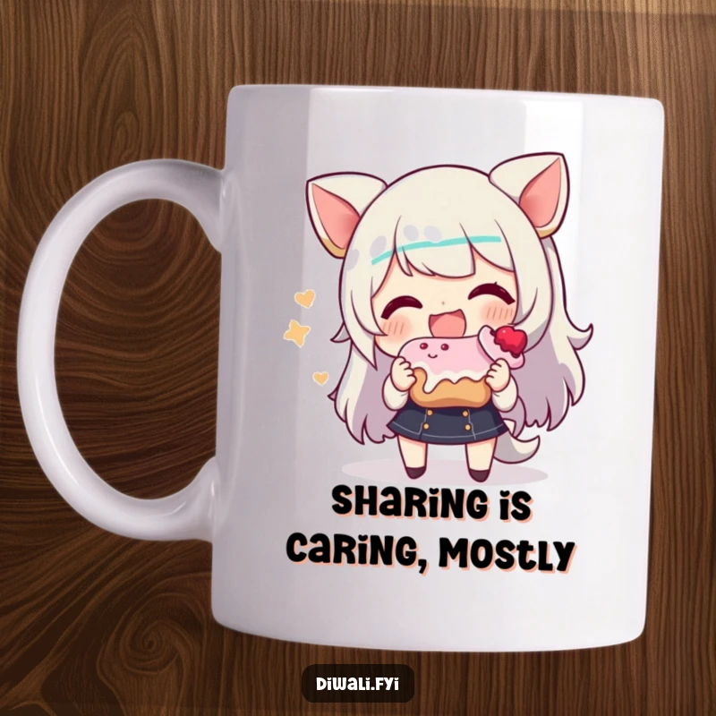 Funny mug showing a character with a big smile, enthusiastically offering a delicious-looking sweet treat to someone.