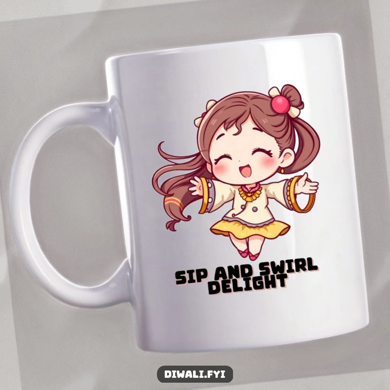 Funny mug depicting a character joyfully twirling, adorned with colorful and festive bangles that jingle with movement.