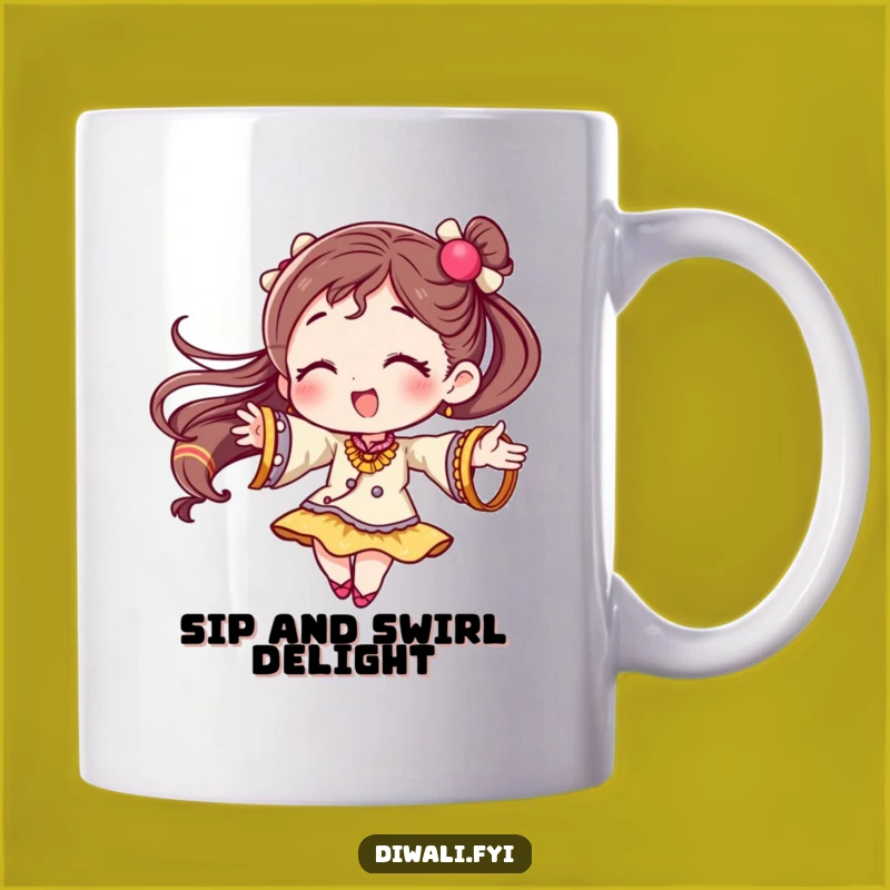 Funny Festive Bangles Mug: Twirling Character Joy, Perfect Humorous Gift