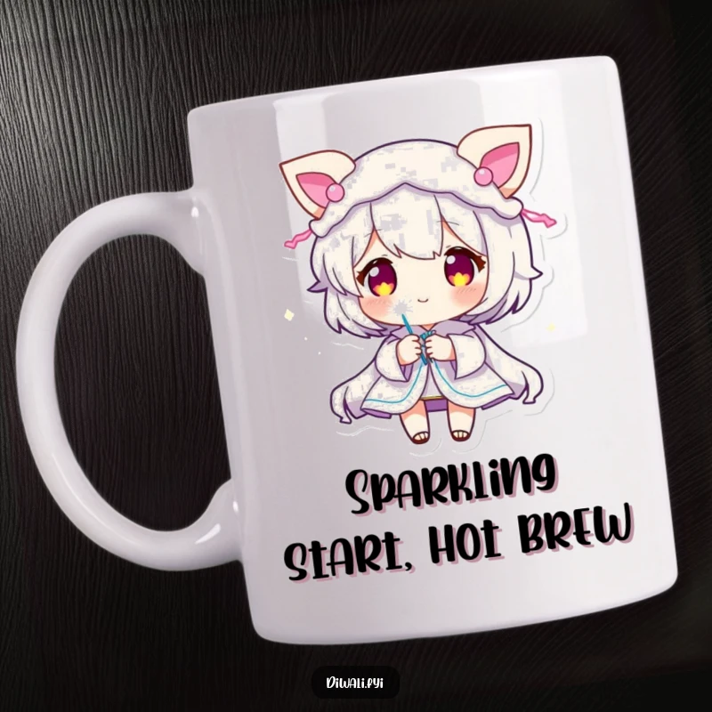 Funny Sparkler Character Mug: Cute character with glowing decorations holding a sparkler, radiating festive joy. Great funny gift.