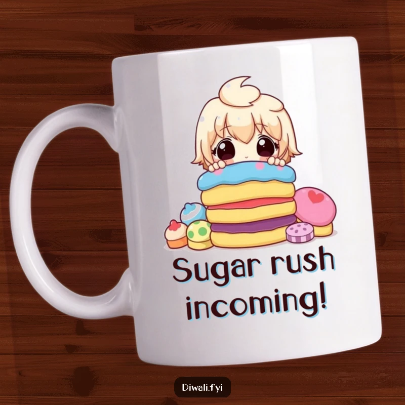 Funny mug featuring a surprised cartoon character peeking over a towering stack of vibrantly colored candies, embodying pure sweet-induced shock.