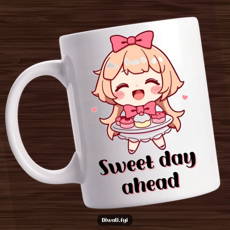 Funny happy character smiling warmly, offering a plate full of delicious sweets decorated with a bow.