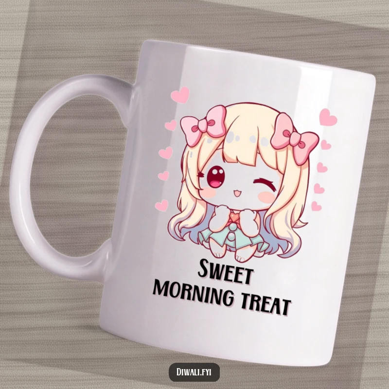 Funny mug of a character graciously offering a selection of sweets with a polite bow, symbolizing generosity and kindness.