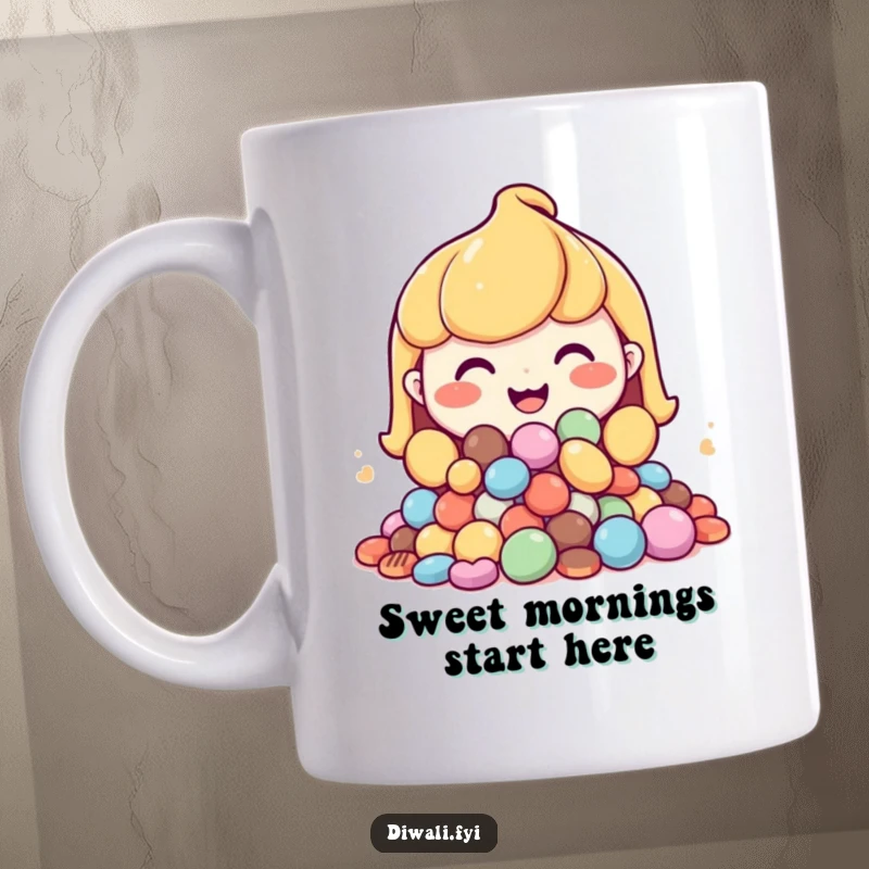 Funny mug showing a happy character with a generous grin, offering a large pile of delicious sweets.