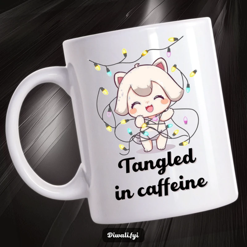 Funny Tangled Lights Mug: A playful character is hilariously stuck and tangled in a string of colorful decorative lights.