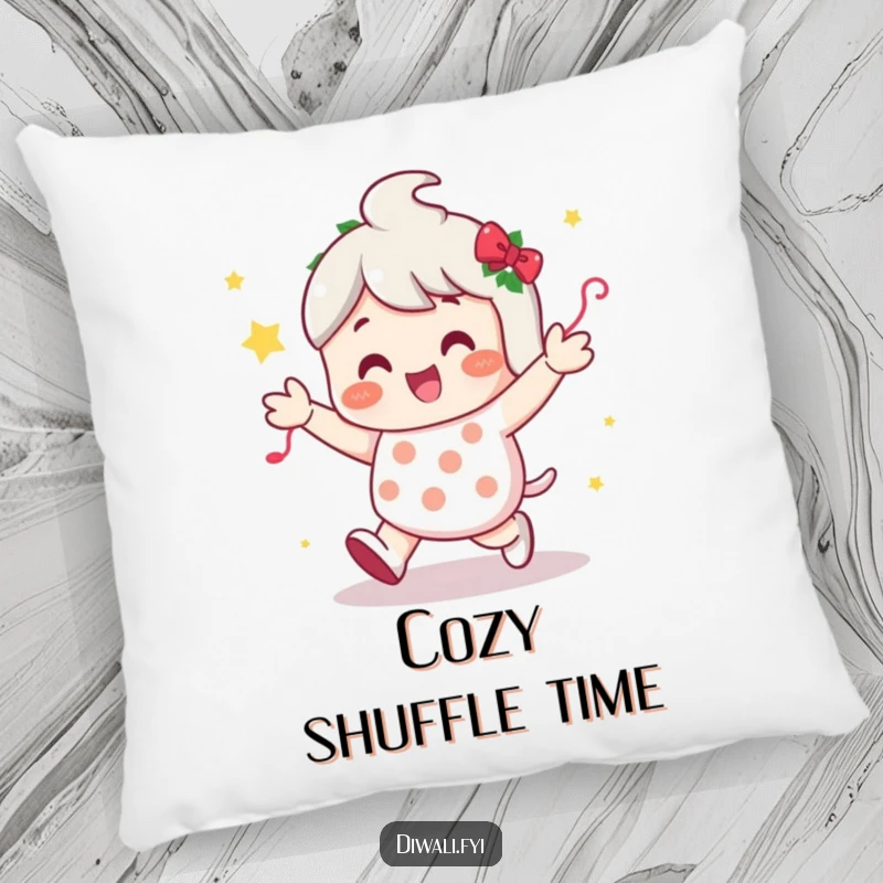 Funny pillow design of a character in a happy shuffle dance, surrounded by festive decorations, bringing party vibes indoors.
