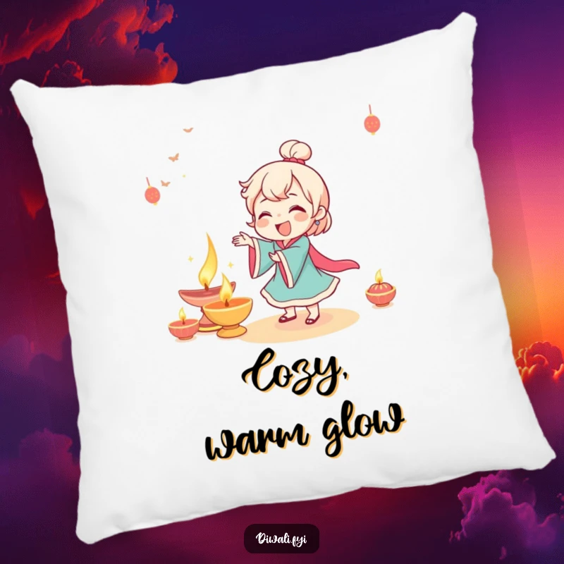 Funny character giggling while dancing near a beautifully lit diya, soft and plush for comfort.