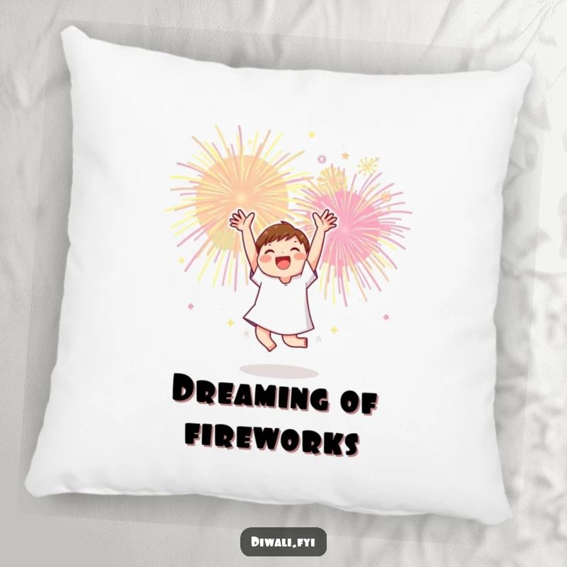 Funny pillow showcasing a character joyfully dancing with arms raised towards a vibrant display of fireworks, adding cheer.