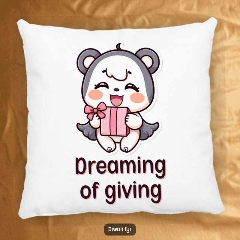 Funny Pillow: A smiling character happily offers a gift, bringing a touch of humorous comfort.