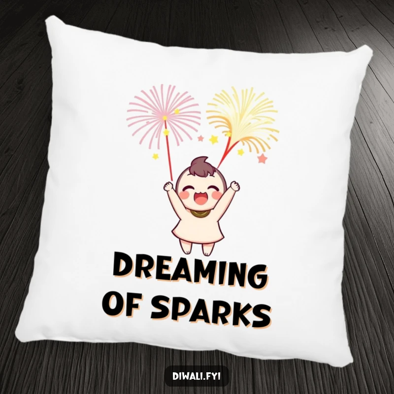 Funny pillow featuring a delighted character launching colorful fireworks, bringing comfort and festive cheer to a room.