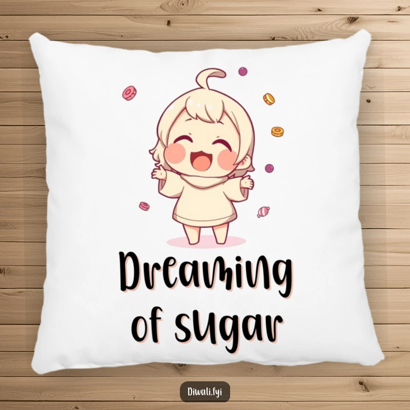 Funny pillow design of a character gleefully tossing small sweets into the air, radiating happiness with a wide smile.