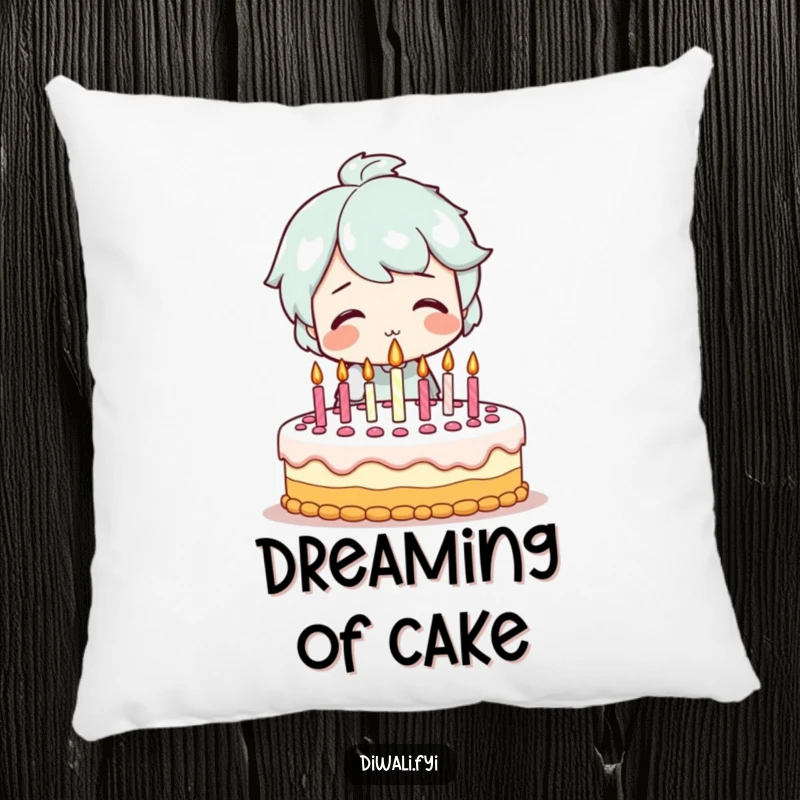 Funny pillow with a smiling character blowing out candles on a festive birthday cake, offering comfort and a touch of celebratory fun to any room.