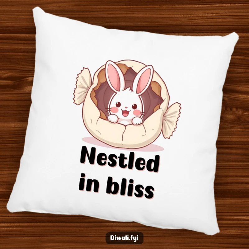 Funny pillow showcasing a surprised bunny peeking out from a large, cracked sweet wrapper, perfect for cozy, humorous moments.