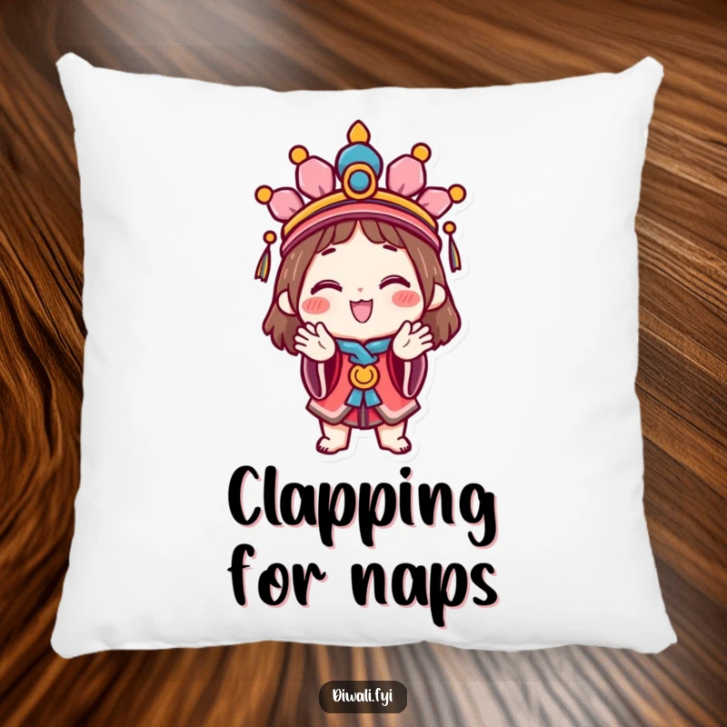 Funny Celebration Pillow: A happy character wearing a festive headdress claps hands, offering humorous comfort and a festive touch.